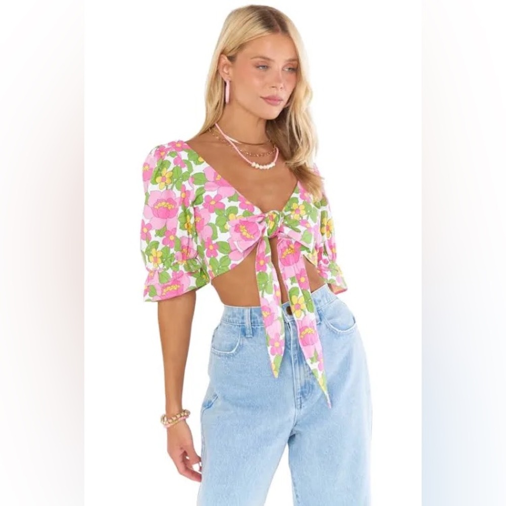 NWT Show Me Your Mumu Fiona Top Fresh Floral Linen Blend Size XL Puff Sleeve